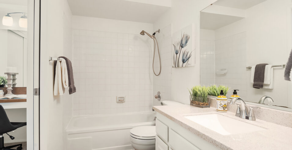 Luxurious bathroom featuring modern fixtures and a spacious layout in North Seattle condo