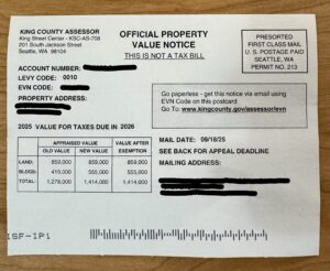 Seattle king county assessor official property value notice property tax notice 2025 king county real estate tax assessment notice how to appeal