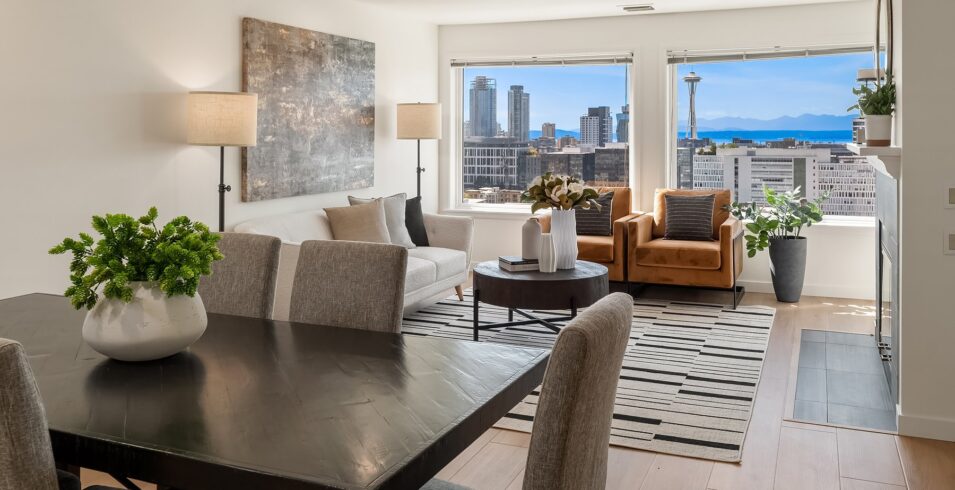 Dining room with west-facing windows over Seattle