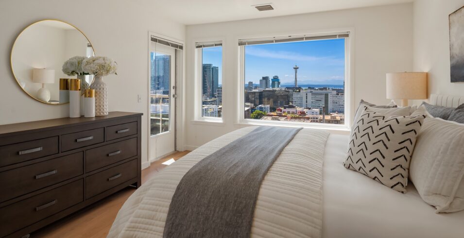Primary bedroom with downtown Seattle view