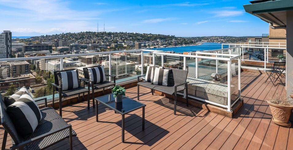 Deck seating with a panoramic Seattle skyline